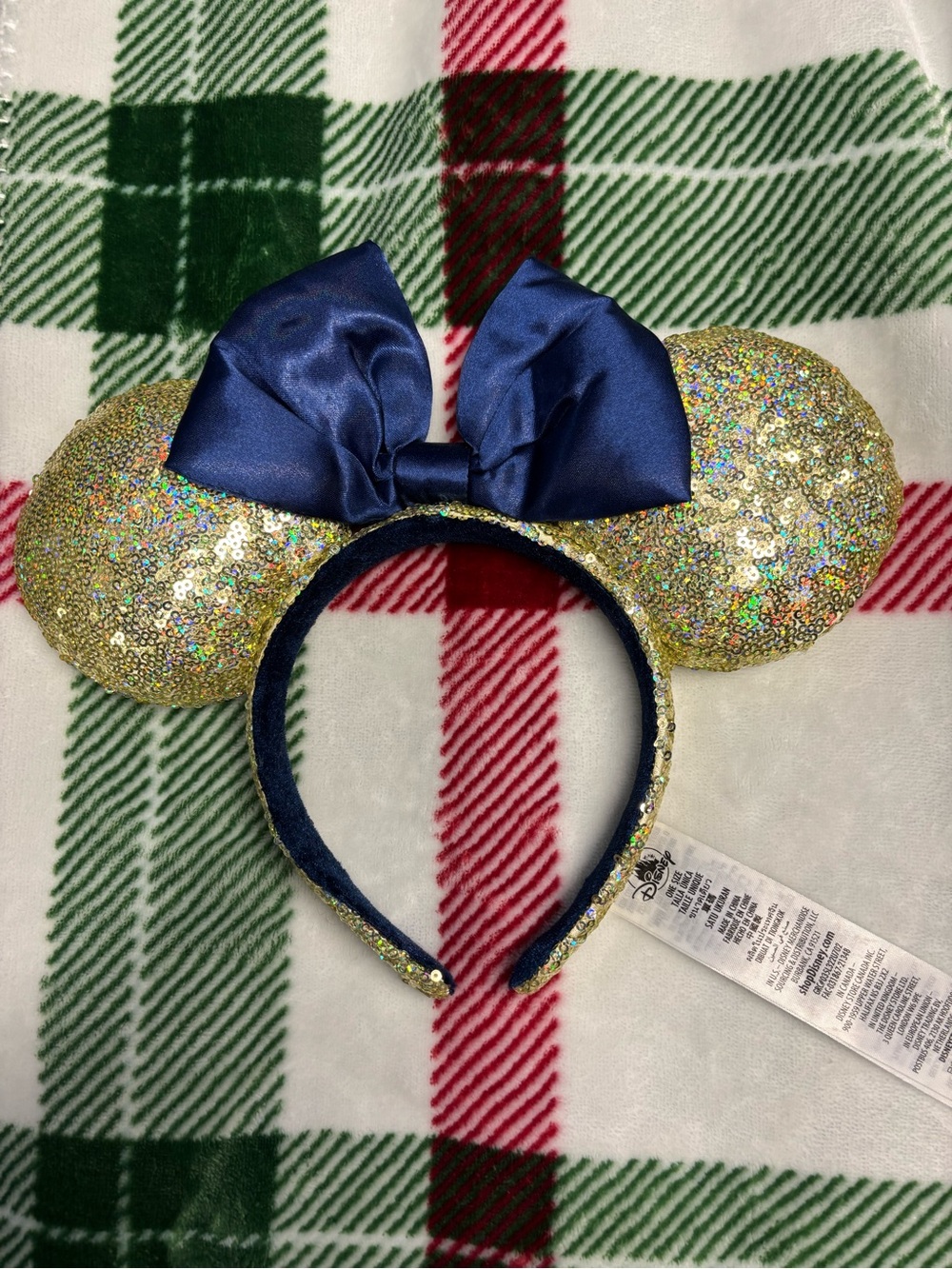Disney Gold Sequin Minnie Ears Headband with Navy Bow